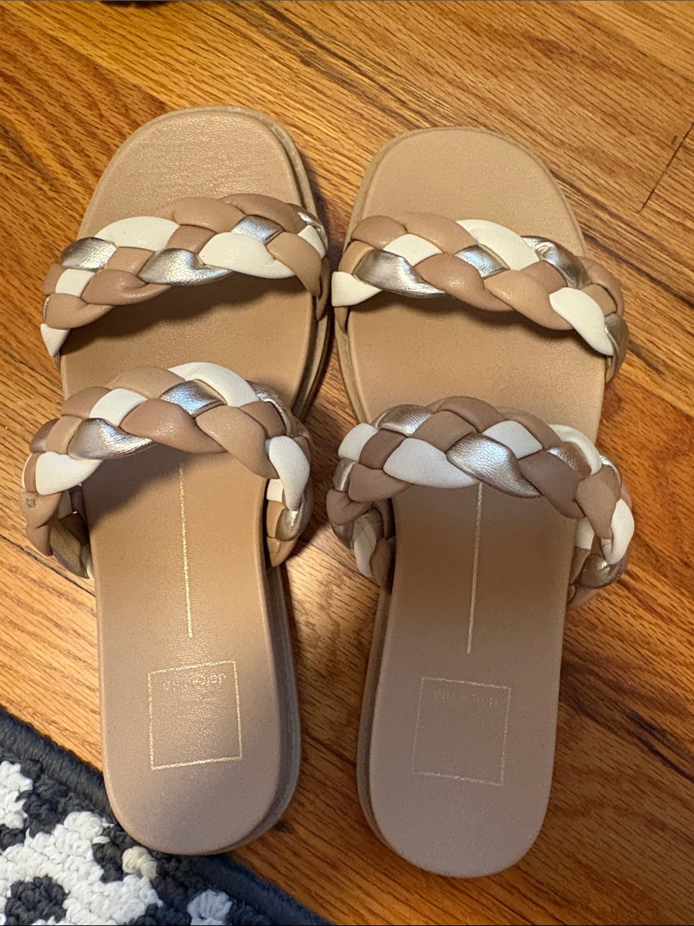 Dolce Vita Braided Double-Strap Slide Sandals — Beige White Silver